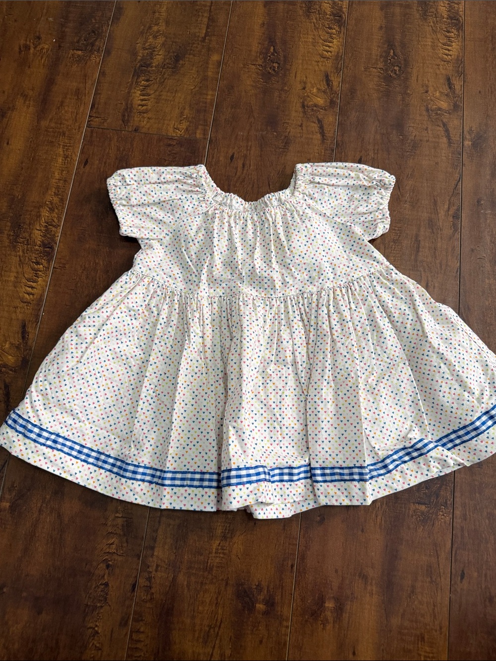 Platinum Matilda Jane White Top with Blue Gingham Trim and Multicolor Dots
